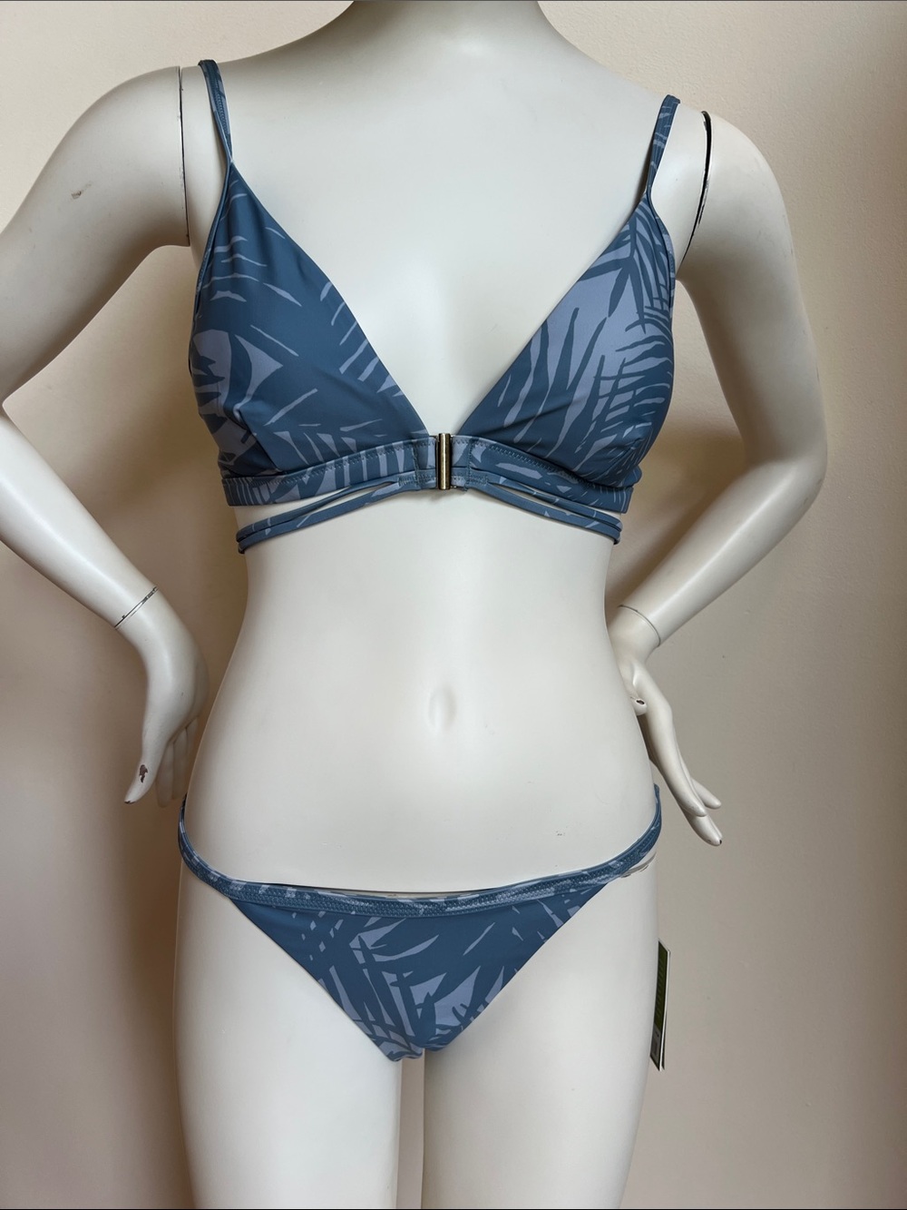 Sporti X Stef Corgel Steel Blue Palm-Print Triangle Bikini with Front Clasp